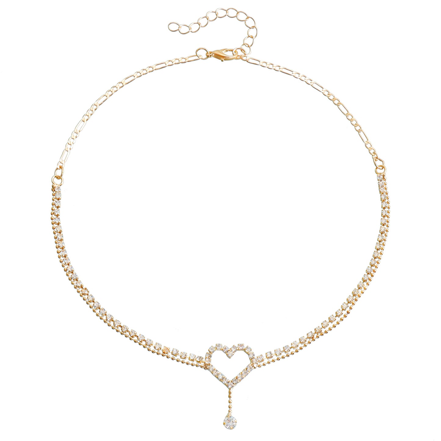 Fashionable Short Layered Heart-Shaped Pendant Necklace for Women with Electroplated Metal Chain and Sparkling Rhinestone Accents