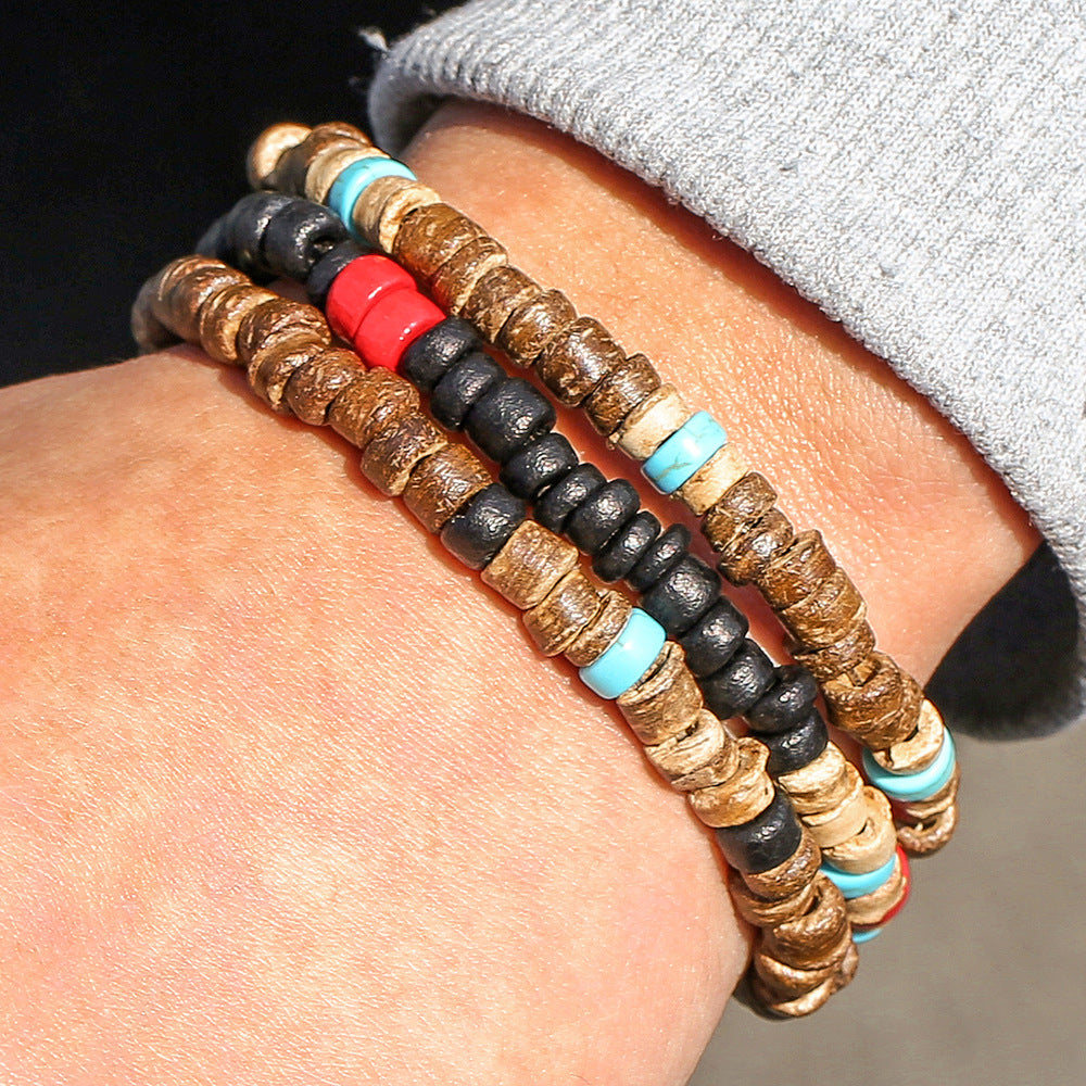 Bohemian Round Wood and Turquoise Beaded Stretch Bracelet for Men and Women