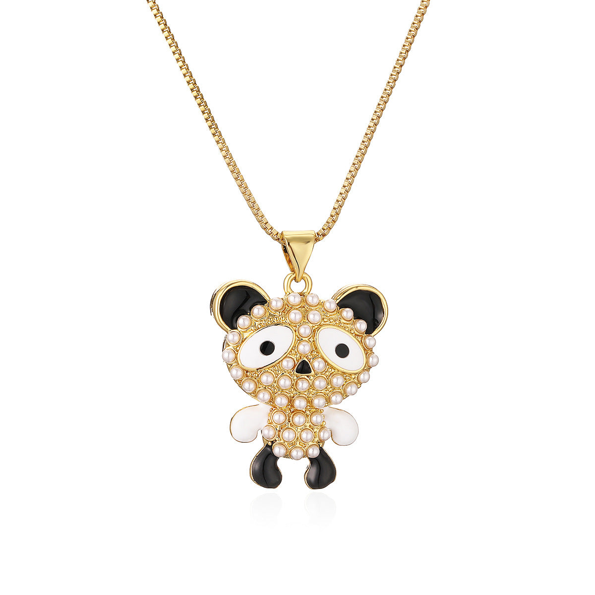Graziosa Collana con Ciondolo a Forma di Orso Minimalista in Rame, Placcata Oro Vero con Intarsi in Perle e Zirconi, da Donna
