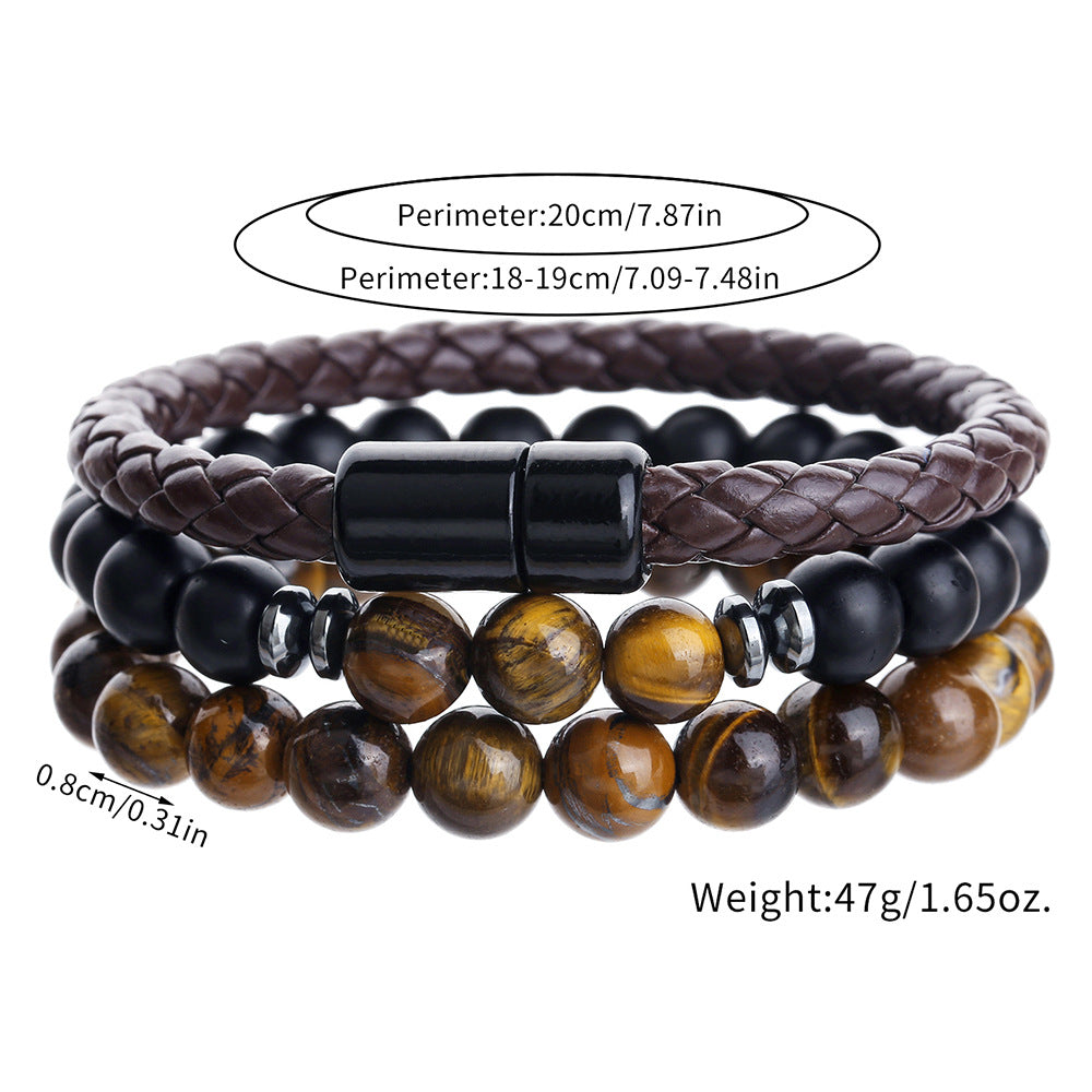 Hip-hop Punk Geometric Round Tiger's Eye Agate Hematite Leather Beaded Bracelet Set for Men