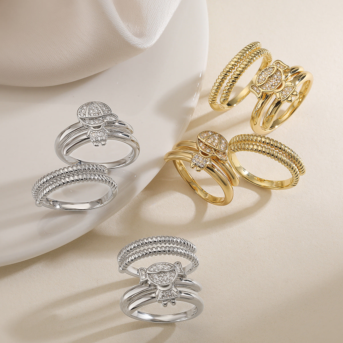 Minimalist Elegant 18K Gold Plated Brass Geometric Cubic Zirconia Ring Set for Women