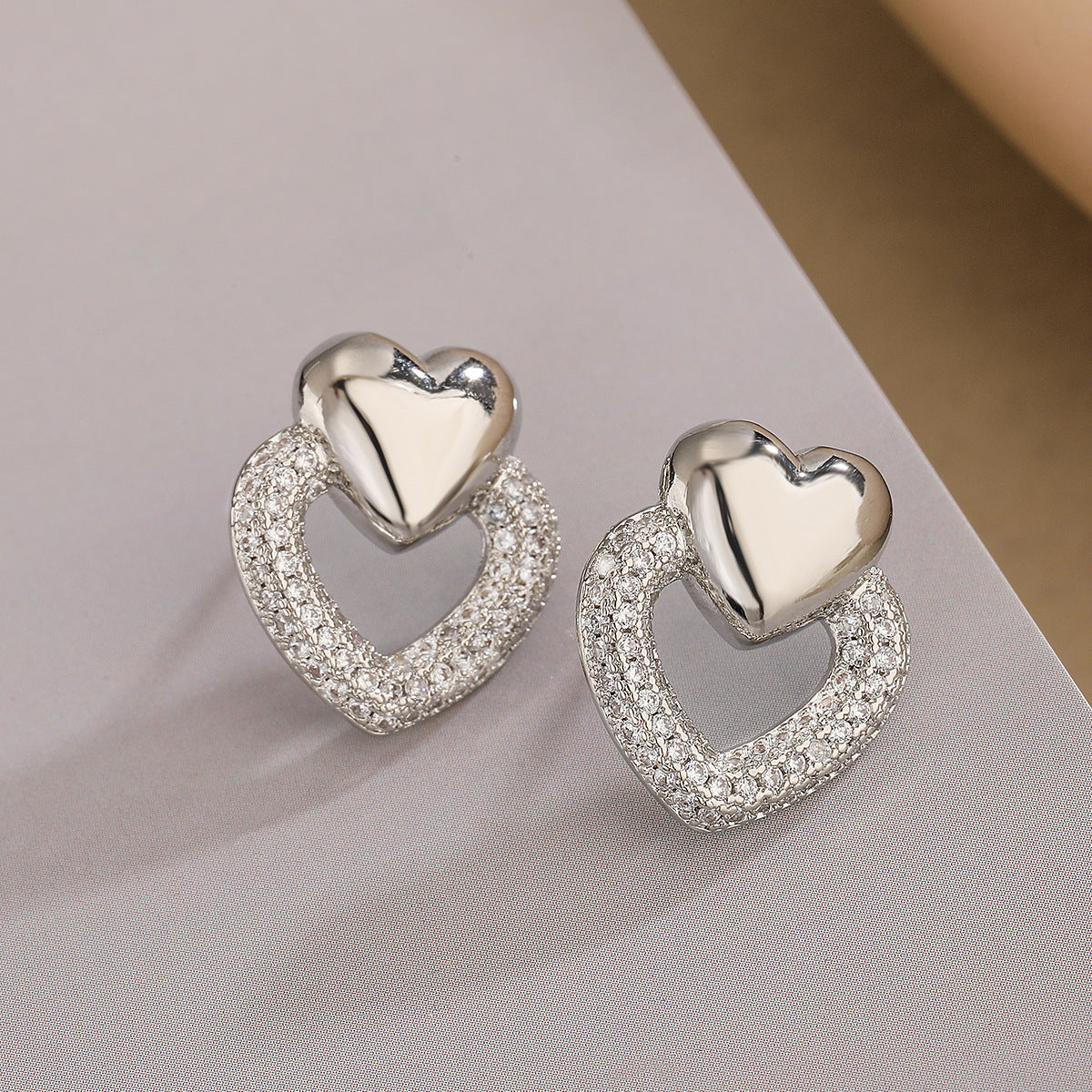 Minimalist Heart-Shaped Copper Earrings with Gold Plating and Zirconia Accents for Women