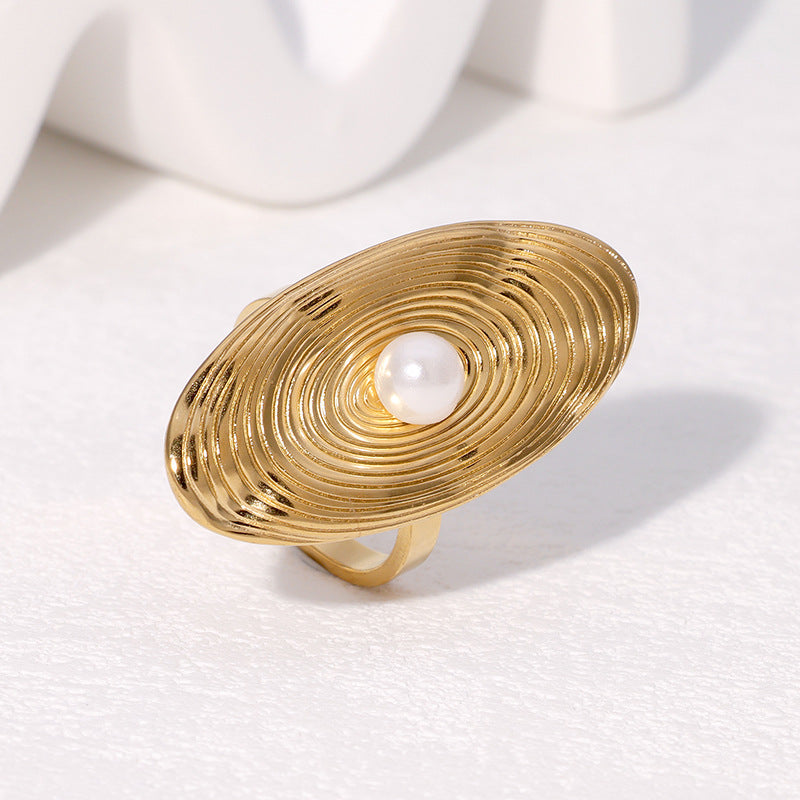 Anello Ovale Minimalista con Perla in Acciaio Inossidabile Placcato per Donna