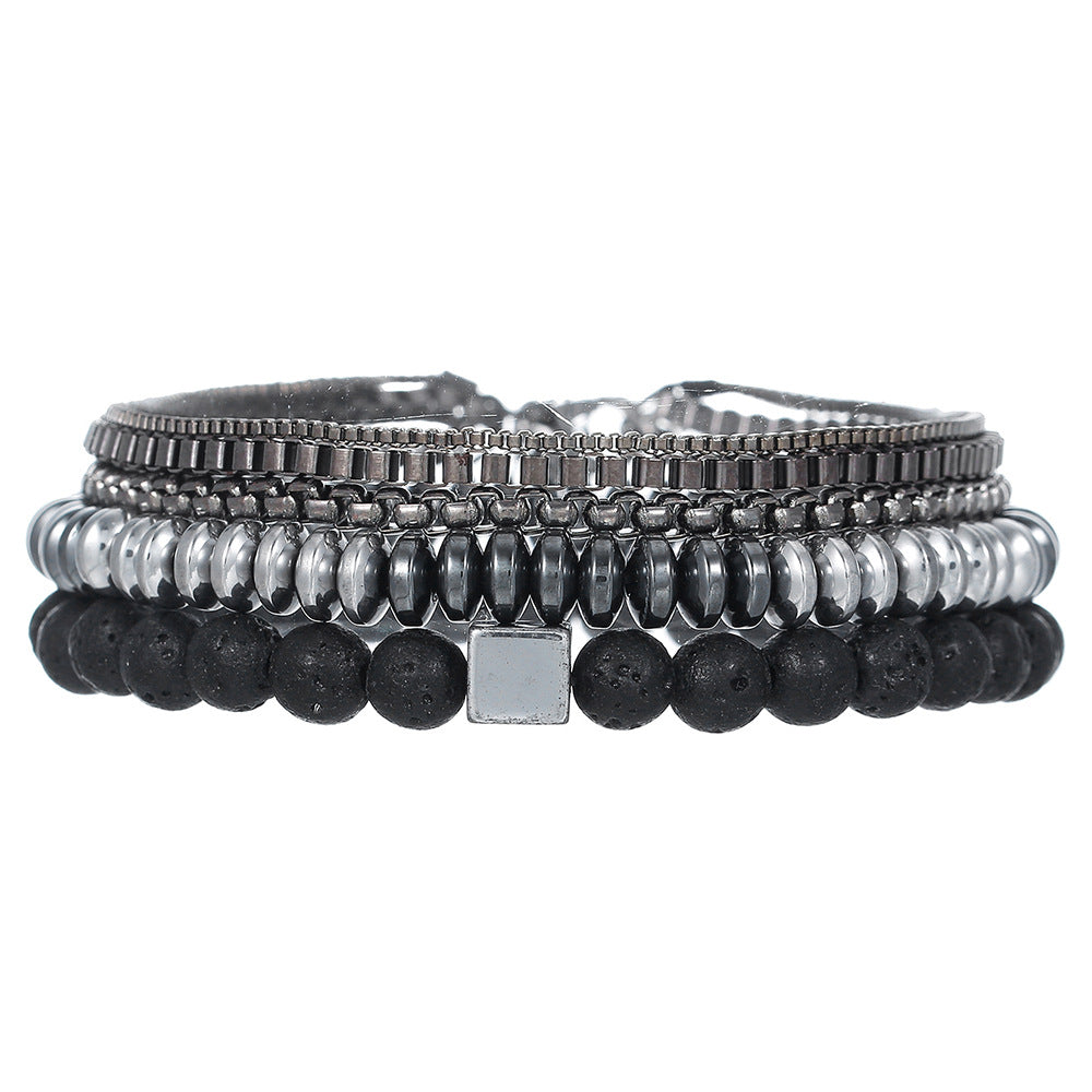 Hip-hop Geometric Round Stone Handmade Bracelet Set for Unisex