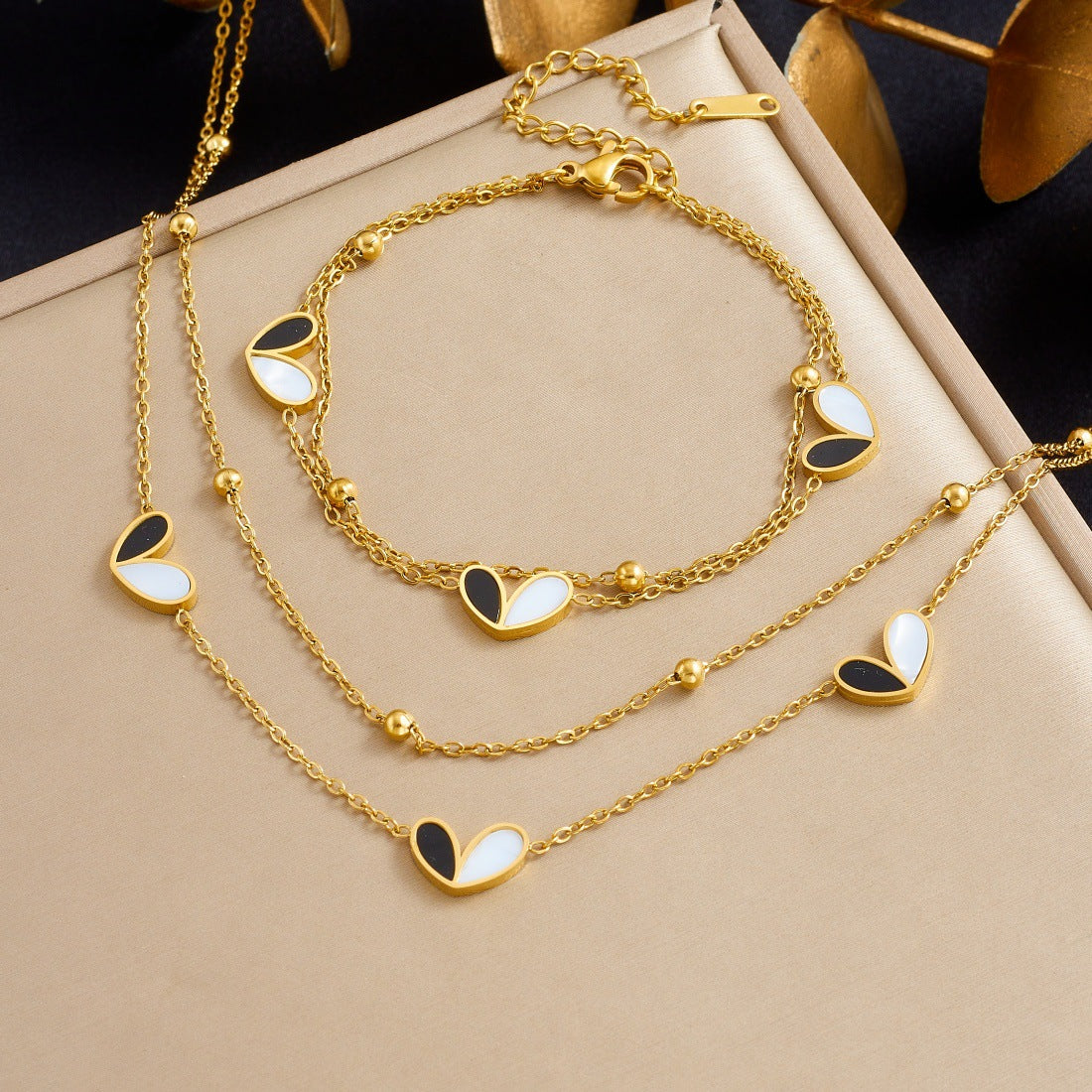 Minimalist Black and White Heart Stainless Steel Plated Necklace and Bracelet Set for Women