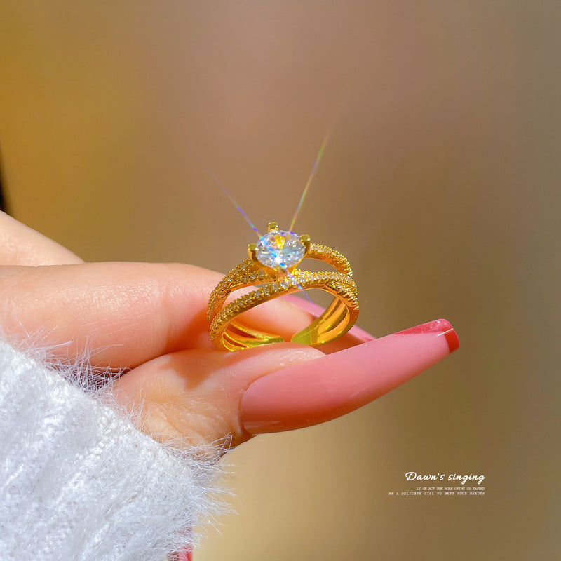 Minimalist Sweet Geometric Round Brass Plated Rhinestone Ring for Women and Men