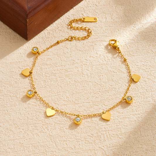 Minimalist Gold Plated Stainless Steel Round Heart Rhinestone Pendant Chain Bracelet for Women