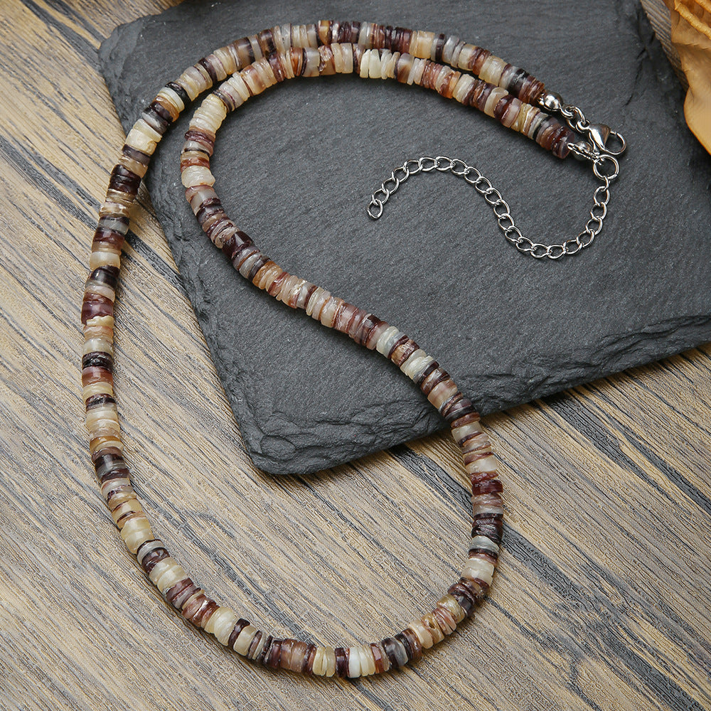 Vintage Men's Geometric Round Shell Handmade Ball Chain Necklace