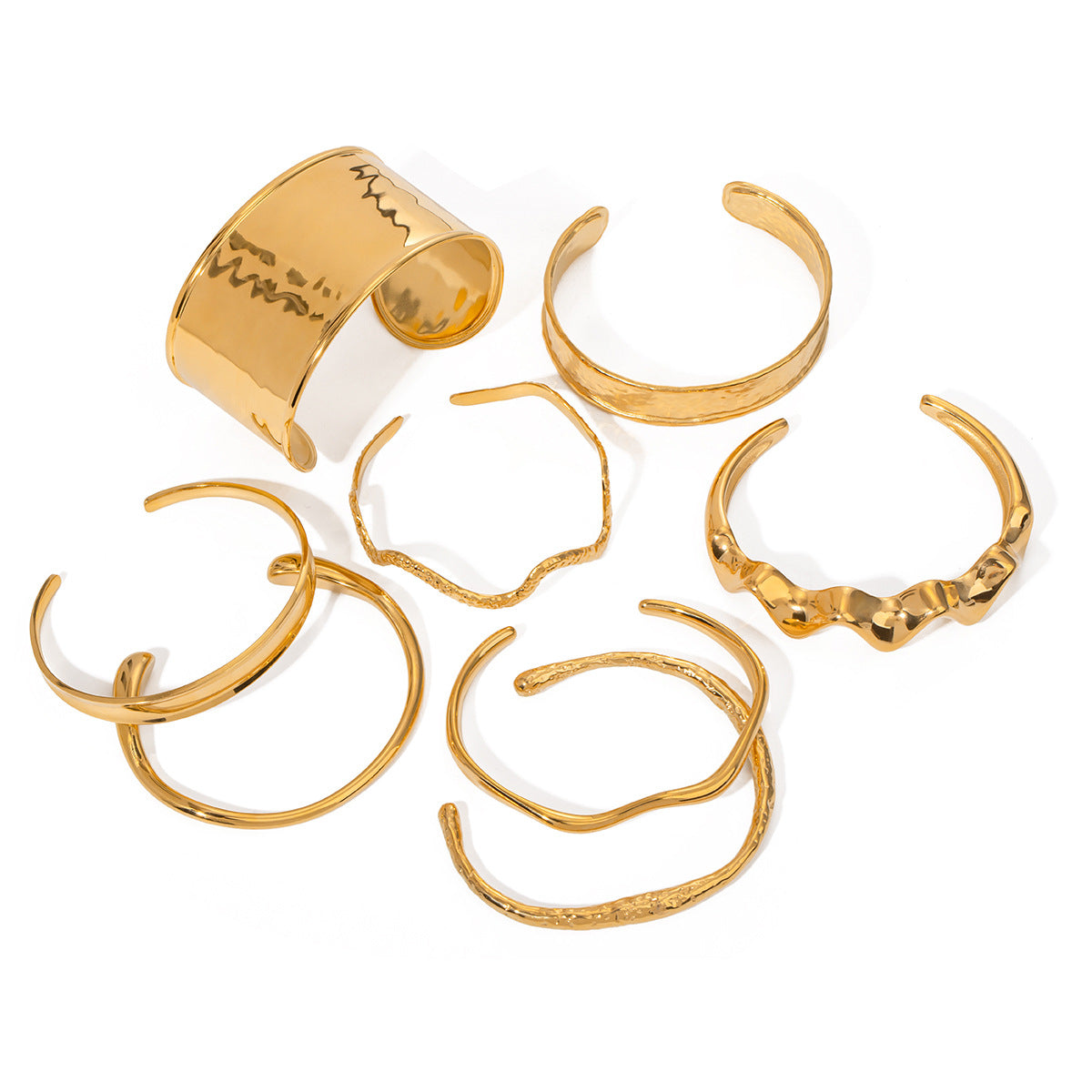 18K Gold Plated Hammered Geometric Irregular Wave Open Cuff Stainless Steel Bracelet