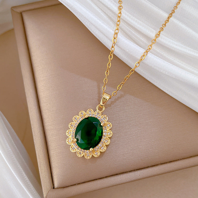 Collana da Donna Vintage a Forma di Uovo in Acciaio Inox con Intarsio Completo di Strass, Delicata Catena per Clavicole