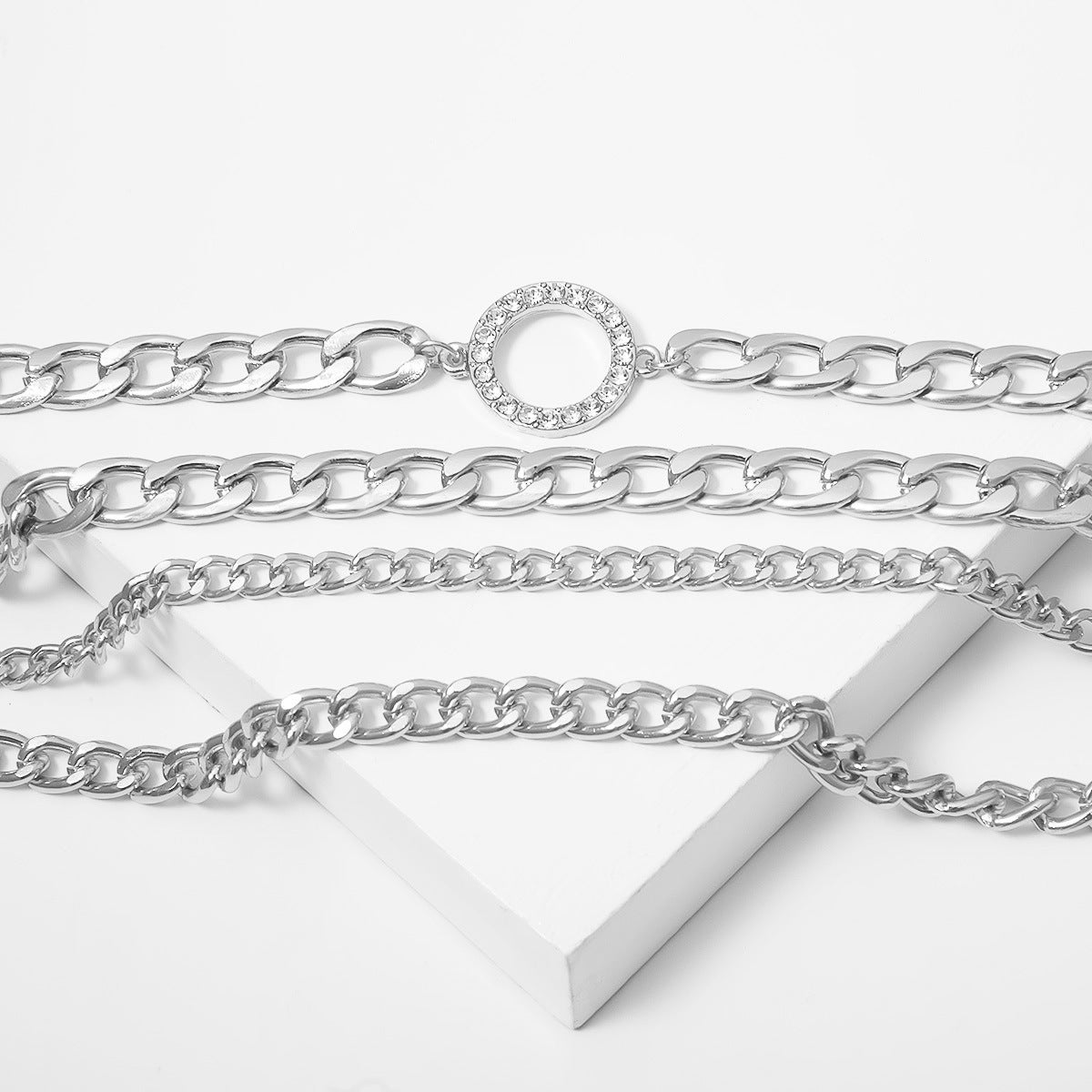 Vintage Punk Geometric Round Alloy Plated Multi-layer Necklace with Curb Chain for Women