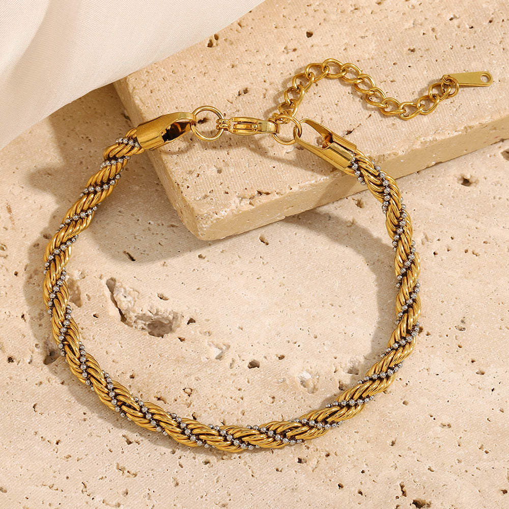 Minimalist Geometric Titanium Steel Bracelet with 18K Gold Plated Twisted Beads and Chain