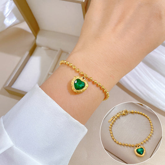 Pulsera vintage de acero de titanio con forma de corazón verde para mujer con baño de oro, regalo ideal para amigas y recuerdos de viaje