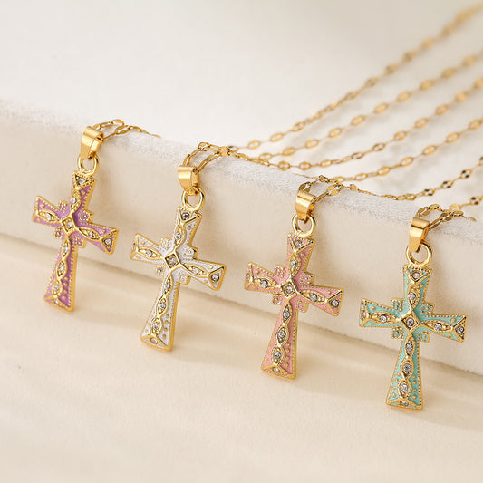 Minimalist Cross Pendant Necklace for Women in Copper with 18K Gold Plating and Enamel Finish