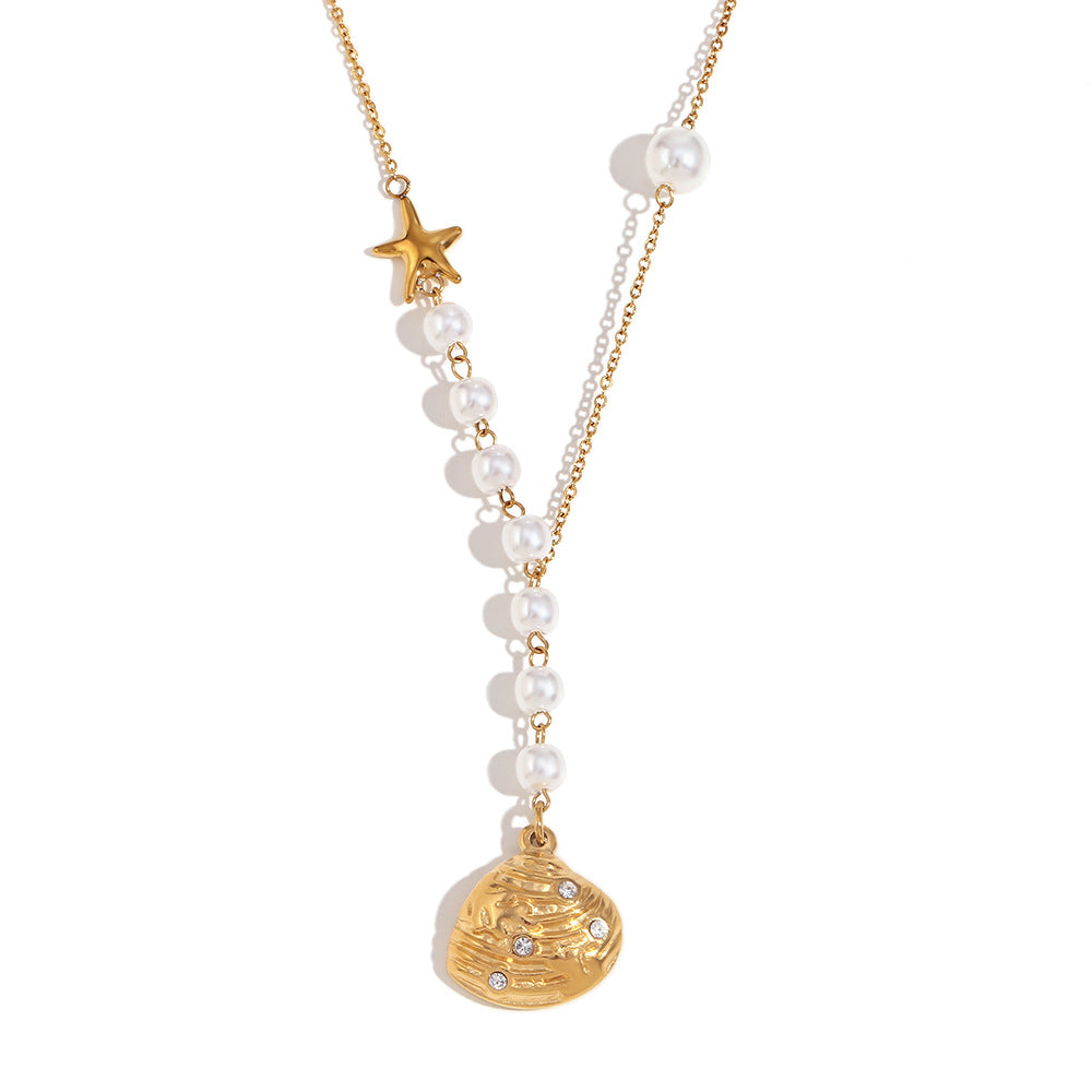Vintage-Inspired Asymmetrical Seashell Pendant Necklace for Women in Stainless Steel with 18K Gold Plating and Rhinestone Accents