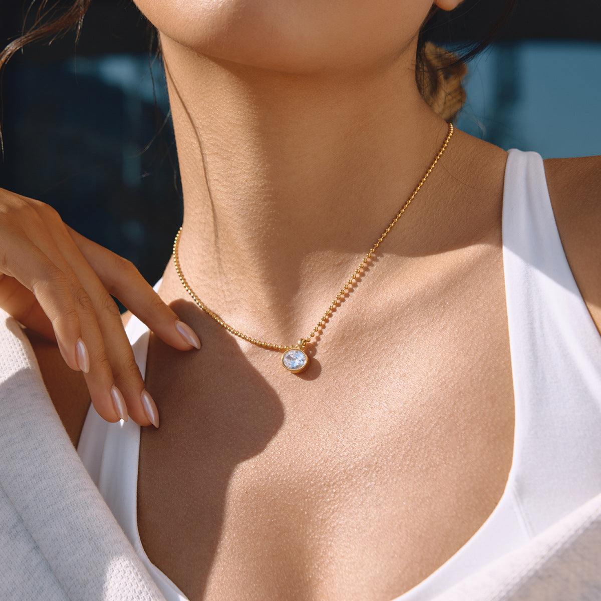 Minimalist Geometric Oval Stainless Steel PVD Cubic Zirconia Necklace for Women
