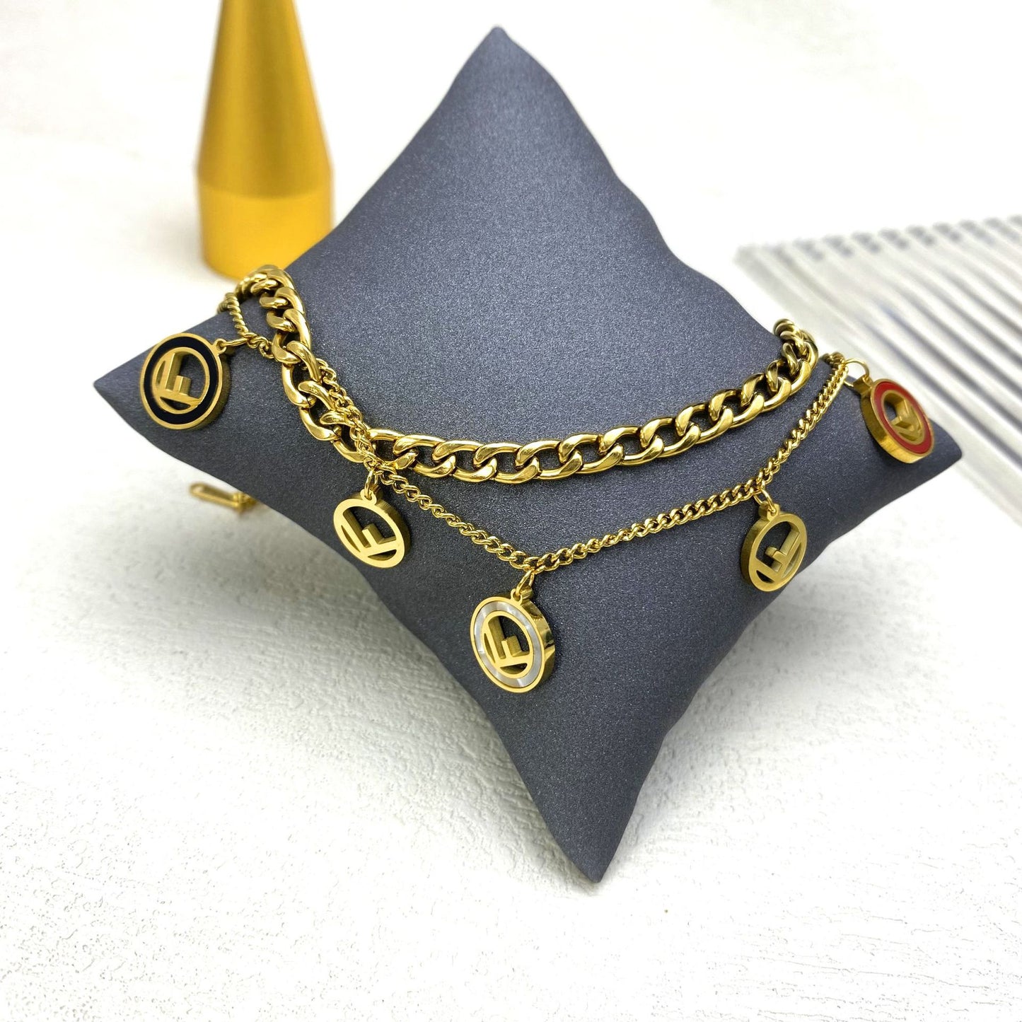 Punk Style Geometric Titanium Steel Bracelet with Engraved F Letter Pendant and Thick Snake Chain