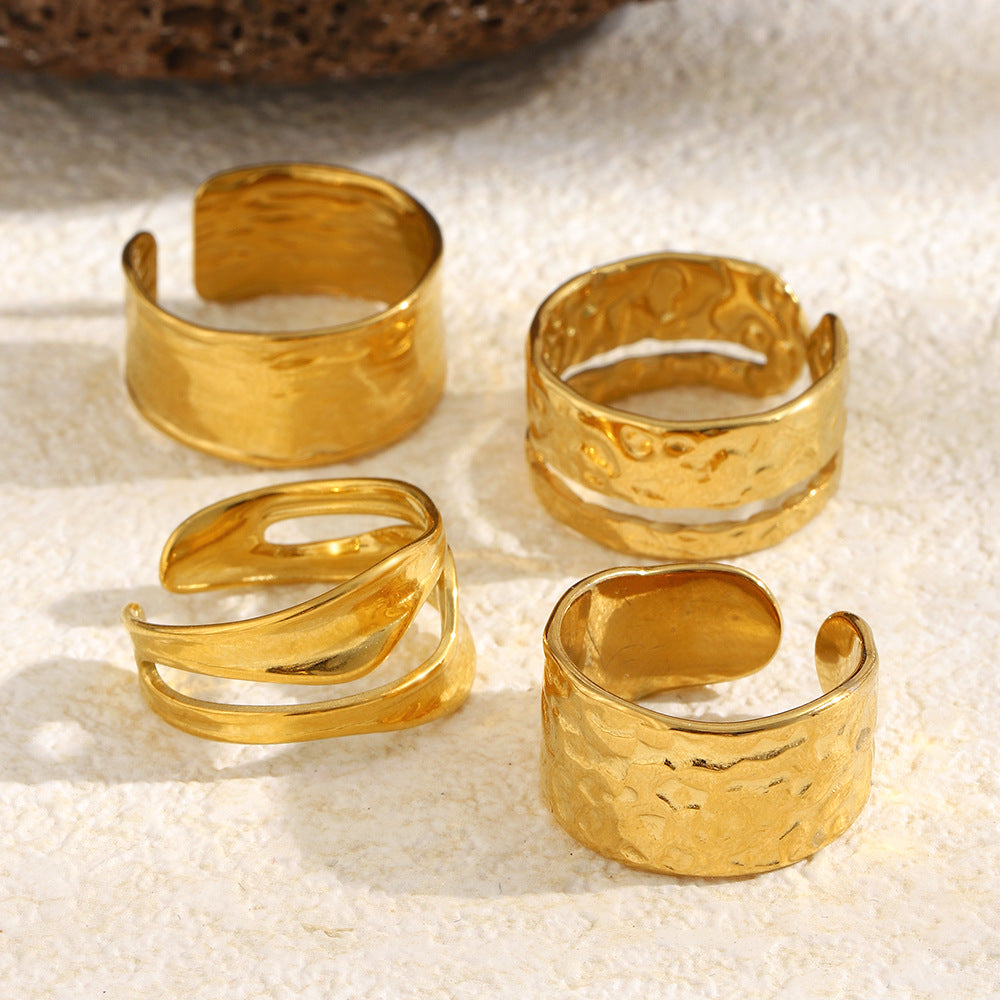 Minimalist 18K Gold Plated Geometric Hammered Textured Wide Band Open Ring for Women