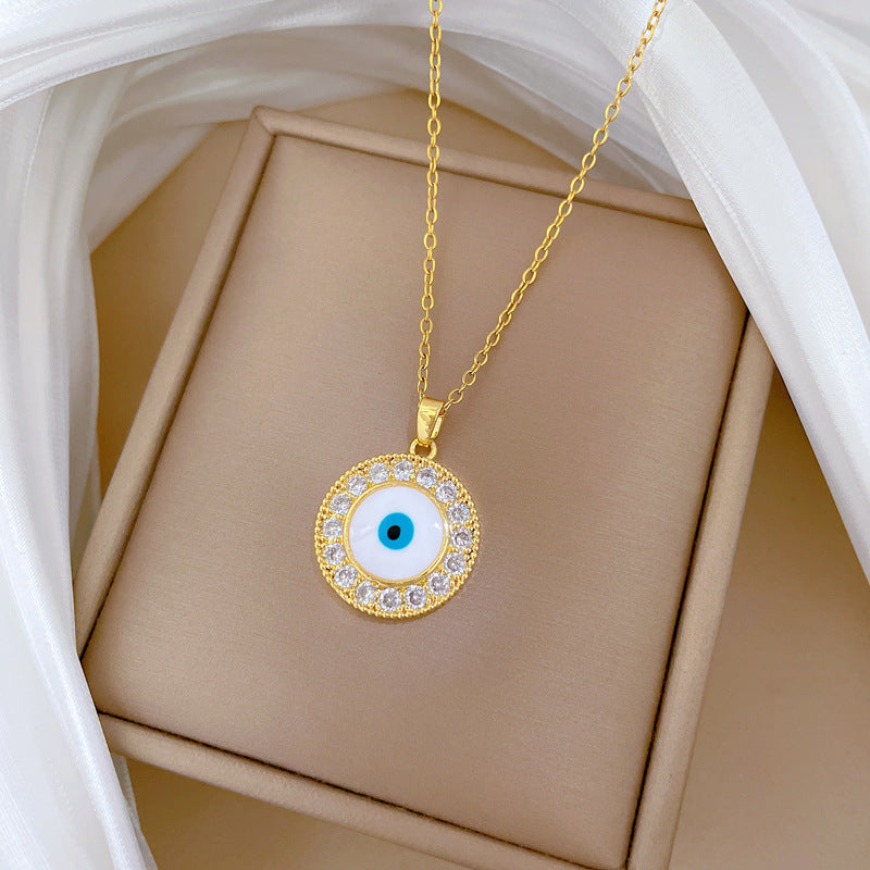 Collar con Colgante de Ojo Circular Estilo Caricatura para Mujer y Hombre de Acero de Titanio con Incrustaciones de Pedrería y Delicada Cadena de Relicario