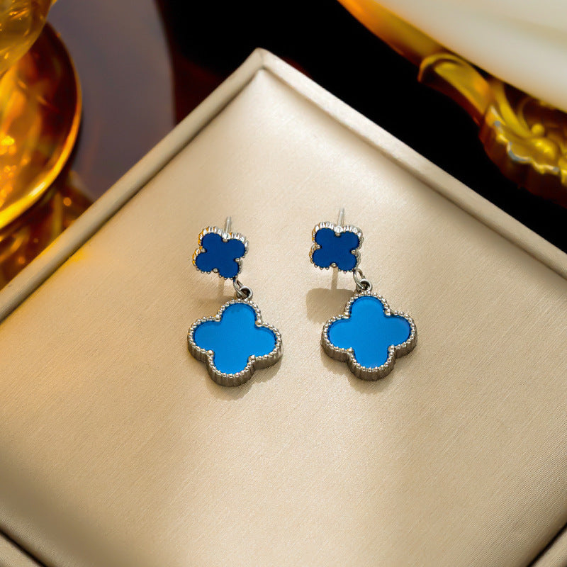 Minimalist Four-Leaf Clover Dangle Stud Earrings in Titanium Steel with Electroplated Finish for Women