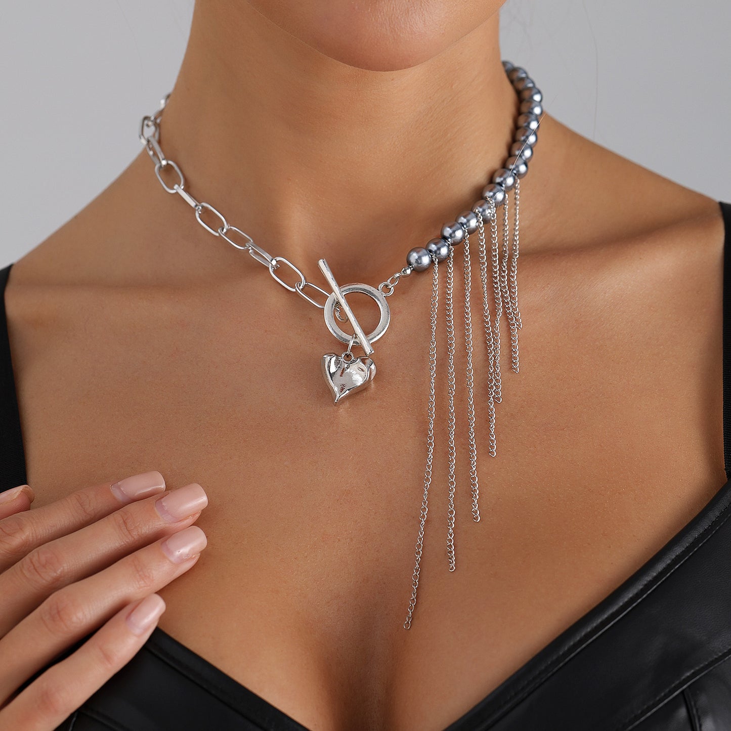 Irregular Heart Geometric Alloy Plated Pendant Necklace with Tassel and Gray Ball Chain