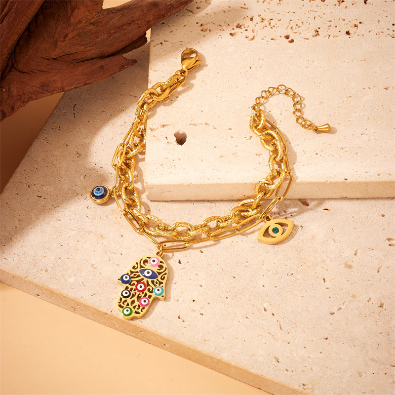 Vintage Gold Plated Hand Eye Pendant Stainless Steel Cable Chain Necklace Jewelry Set for Women