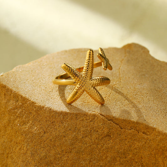 Fashionable Starfish-Shaped Stainless Steel Ring with Plating Finish for Women, Beach Vacation Ocean Theme Adjustable Band