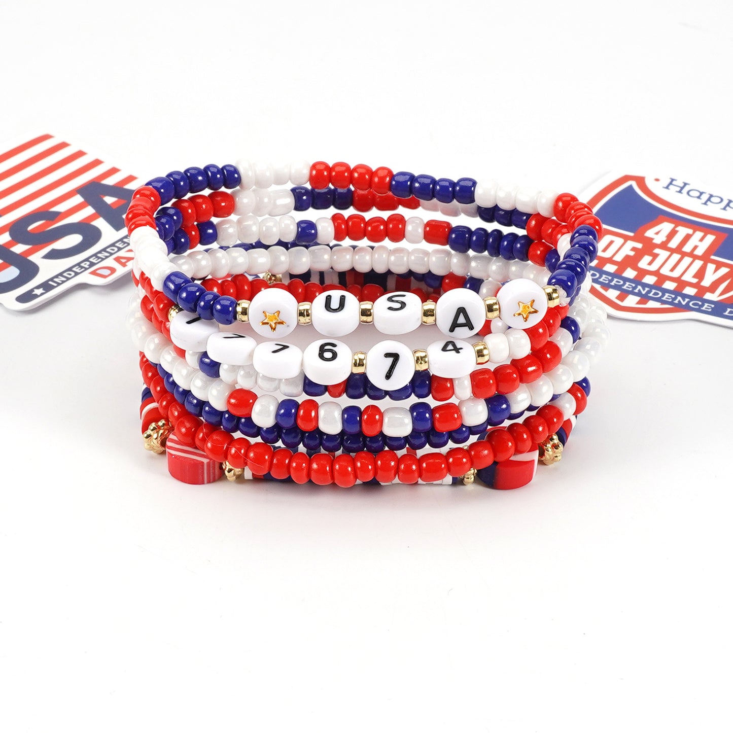 Geometric Resin Beaded Bracelet Red White Blue Patriotic Design Unisex