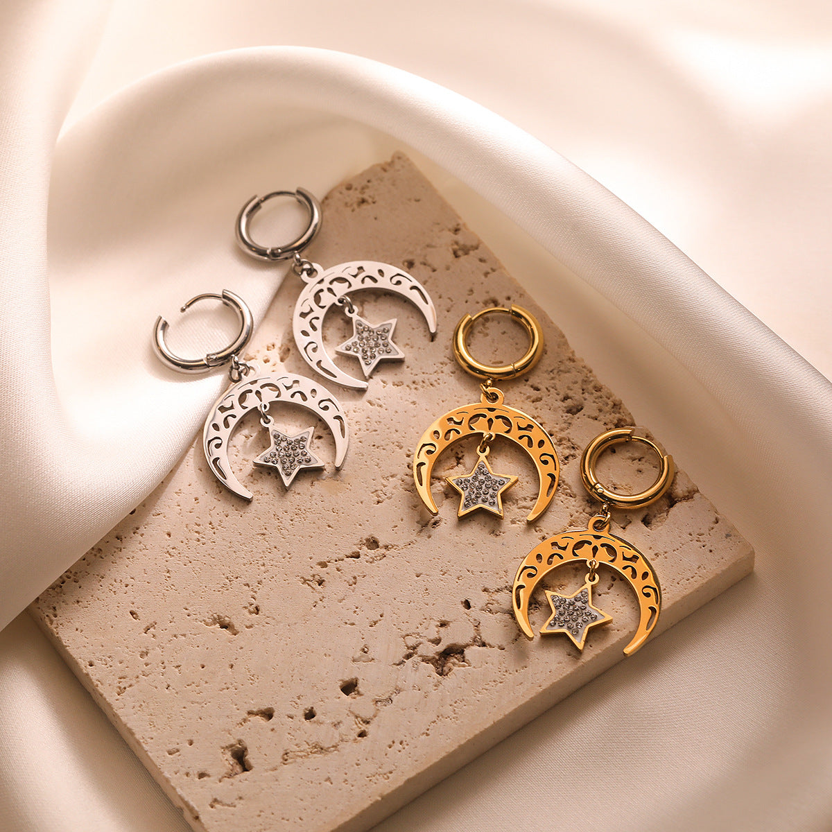 Minimalist Geometric Titanium Steel Earrings with Gold Plating and Zircon Sun Moon Motifs for Women