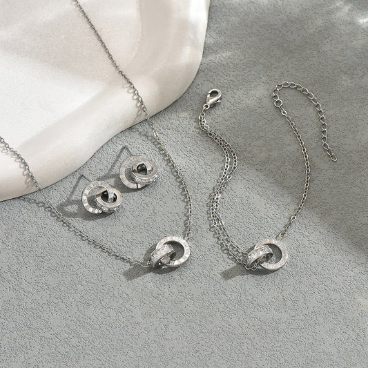 Set Collana Pendente a Doppio Anello e Orecchini Minimalisti in Lega di Zinco con Intarsio di Diamanti per Donna