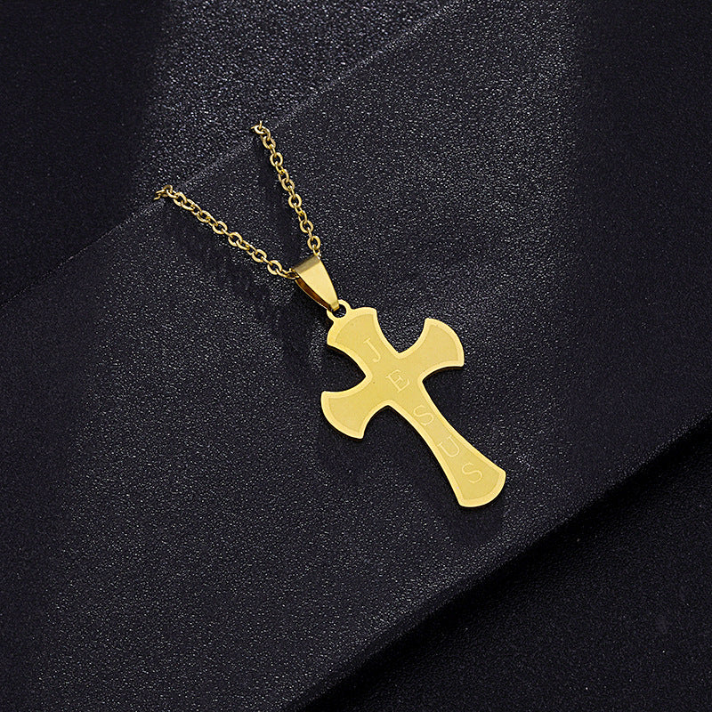 Fashion Cross Pendant Necklace in Titanium Steel with Polished Gold Plating on O-Chain for Unisex Wear