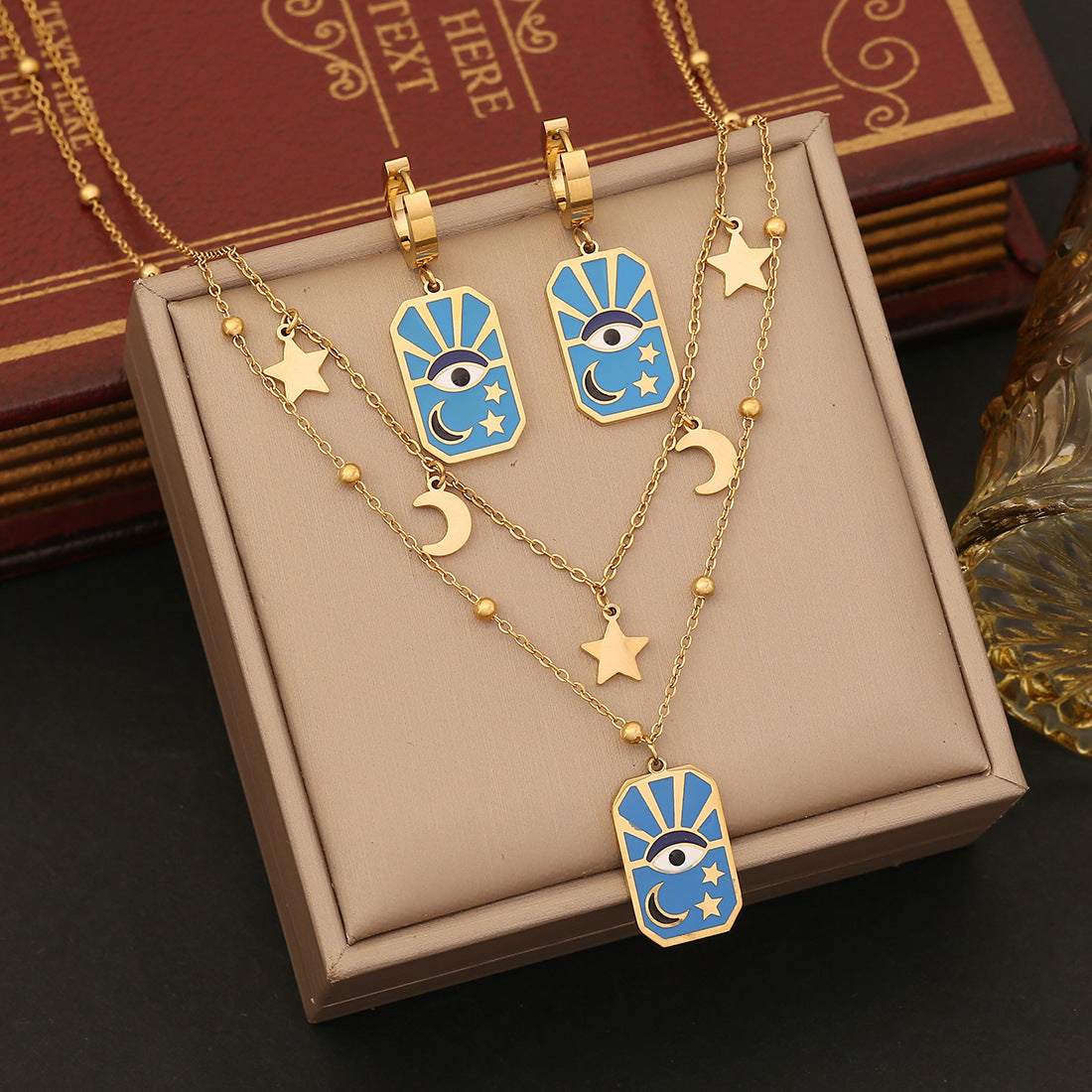 Minimalist Star and Moon Necklace with Enamel Eyes, Stainless Steel Double Layer O-Chain for Women