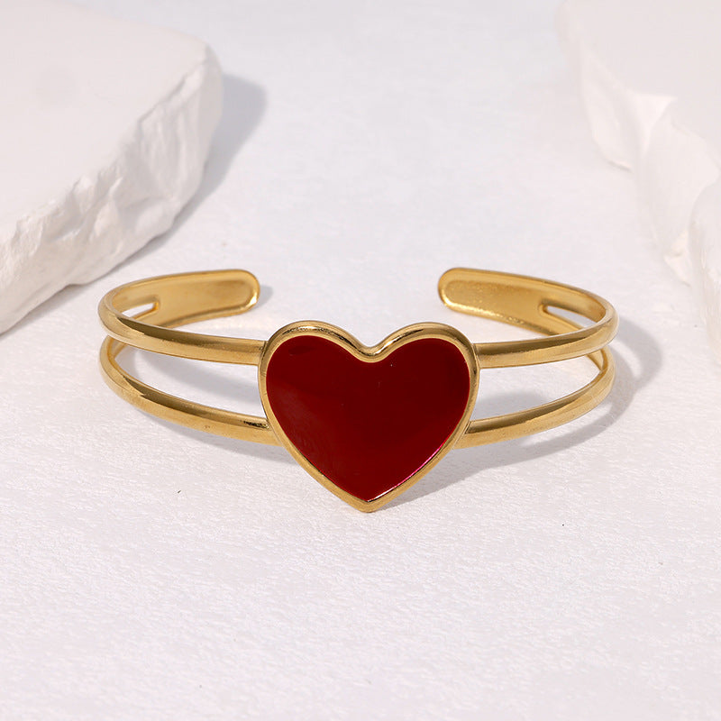 Bracciale regolabile in acciaio inossidabile placcato oro con smalto a forma di cuore, minimalista e alla moda