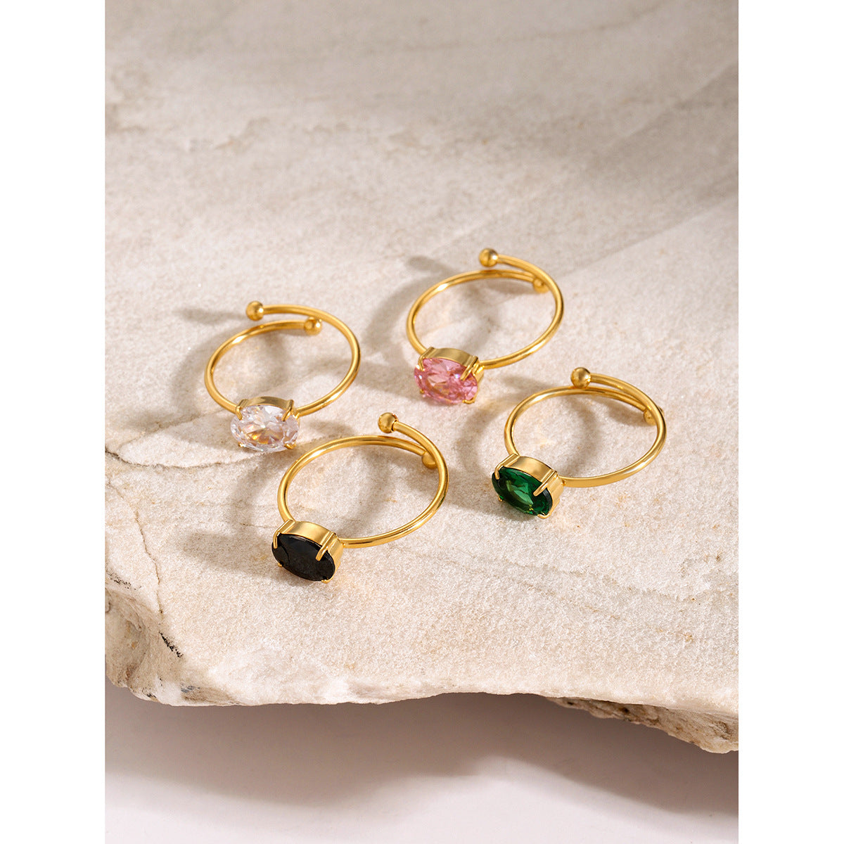 Ins Style Cute 18K Gold Plated Stainless Steel Ring with Pink Zircon Geometric Adjustable Design for Women