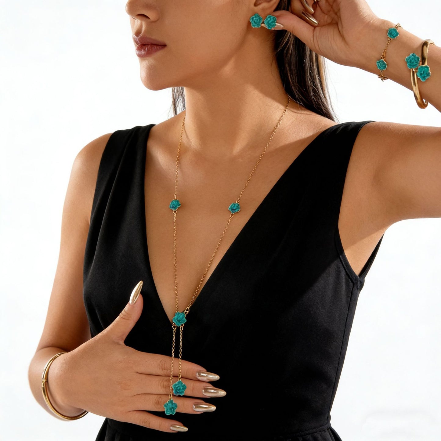 Luxury Floral Alloy Plated Ball Chain Necklace Set with Tassel and Earrings