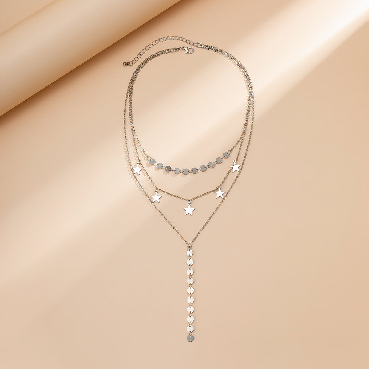 Hip-hop Geometric Star Tassel Brass Plated Alloy Pendant Multi-layer Curb Chain Necklace for Women