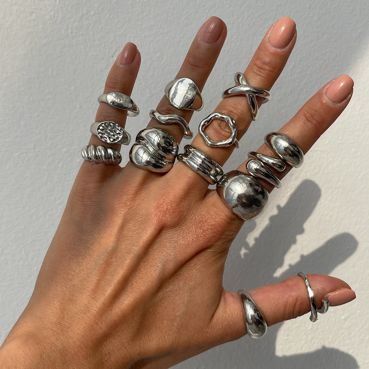Minimalist Geometric Alloy Plated Open Ring Set with Pearl Inlay for Women