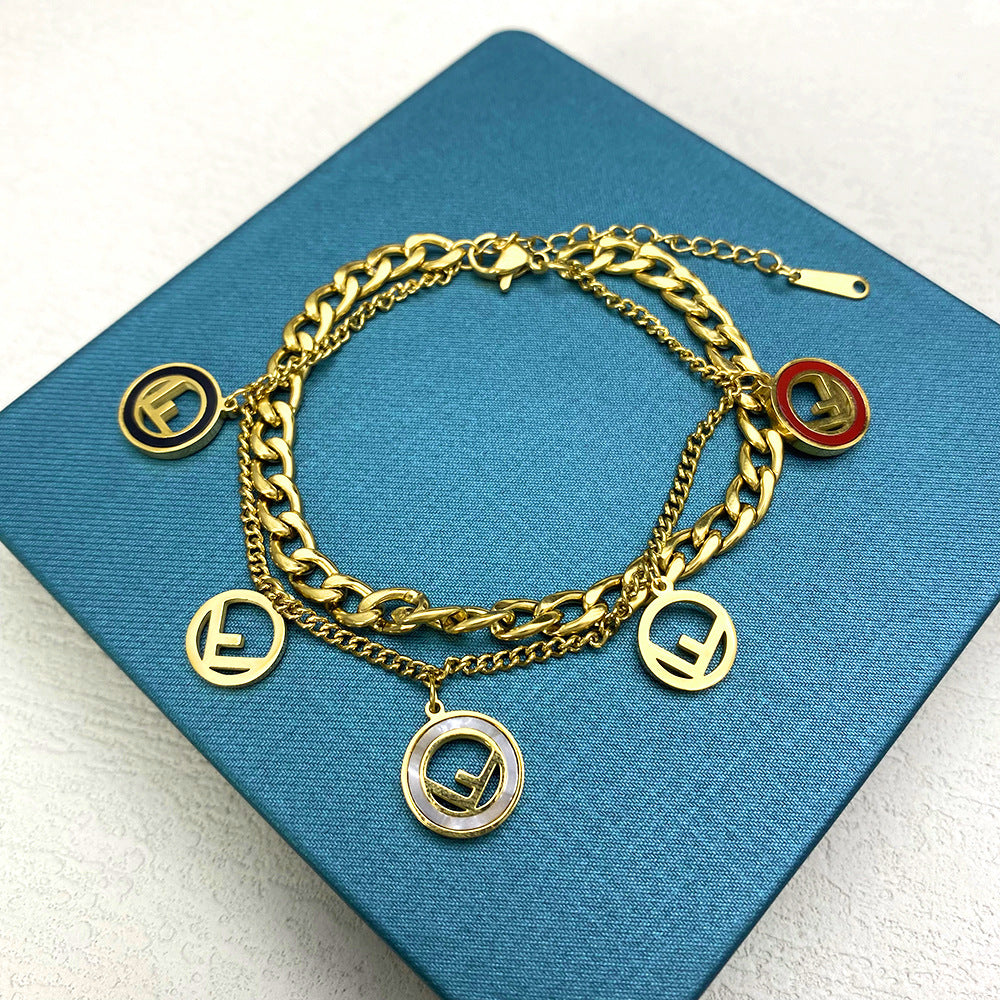 Punk Style Geometric Titanium Steel Bracelet with Engraved F Letter Pendant and Thick Snake Chain