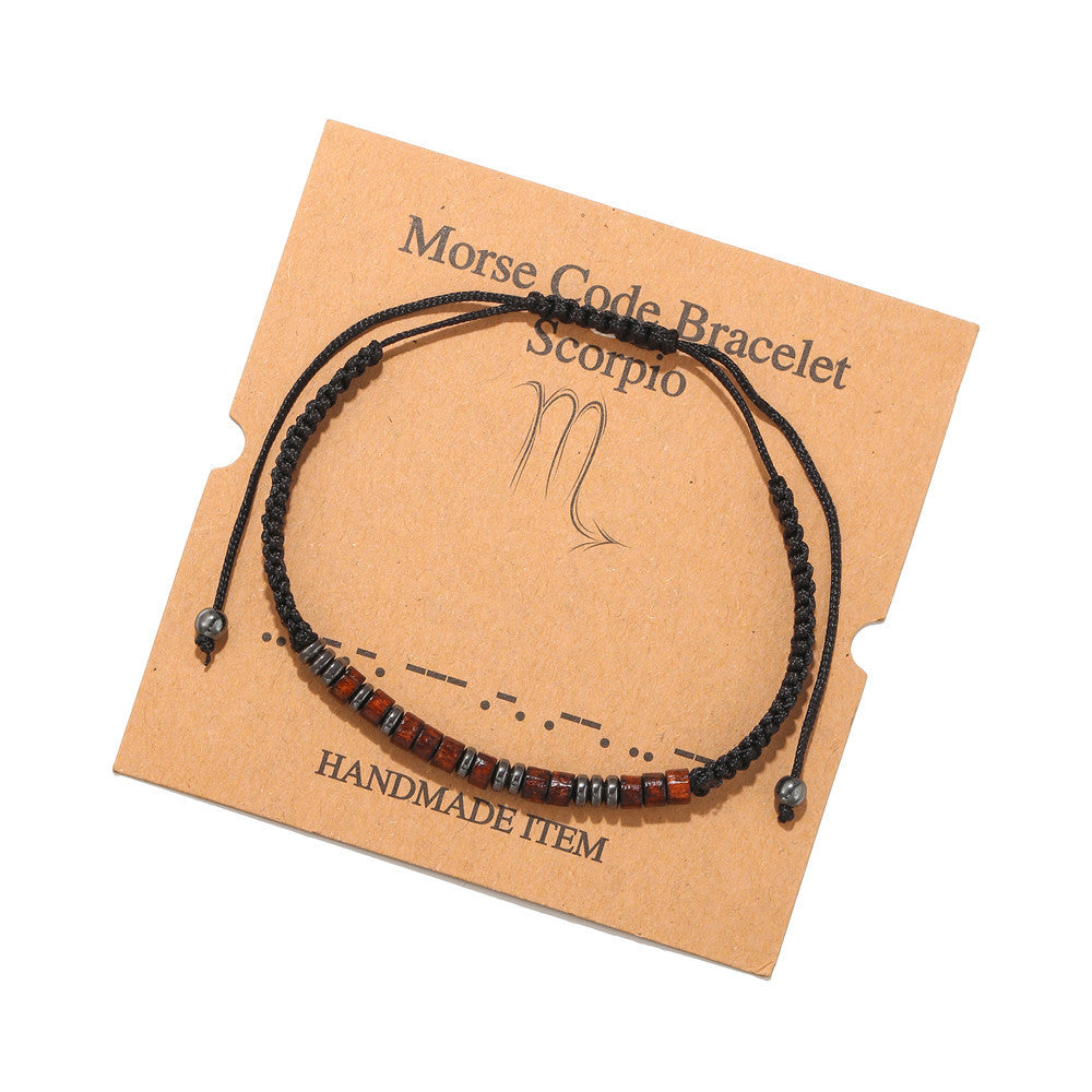 Morse Code Zodiac Wood Beaded Bracelet Round Geometric Unisex