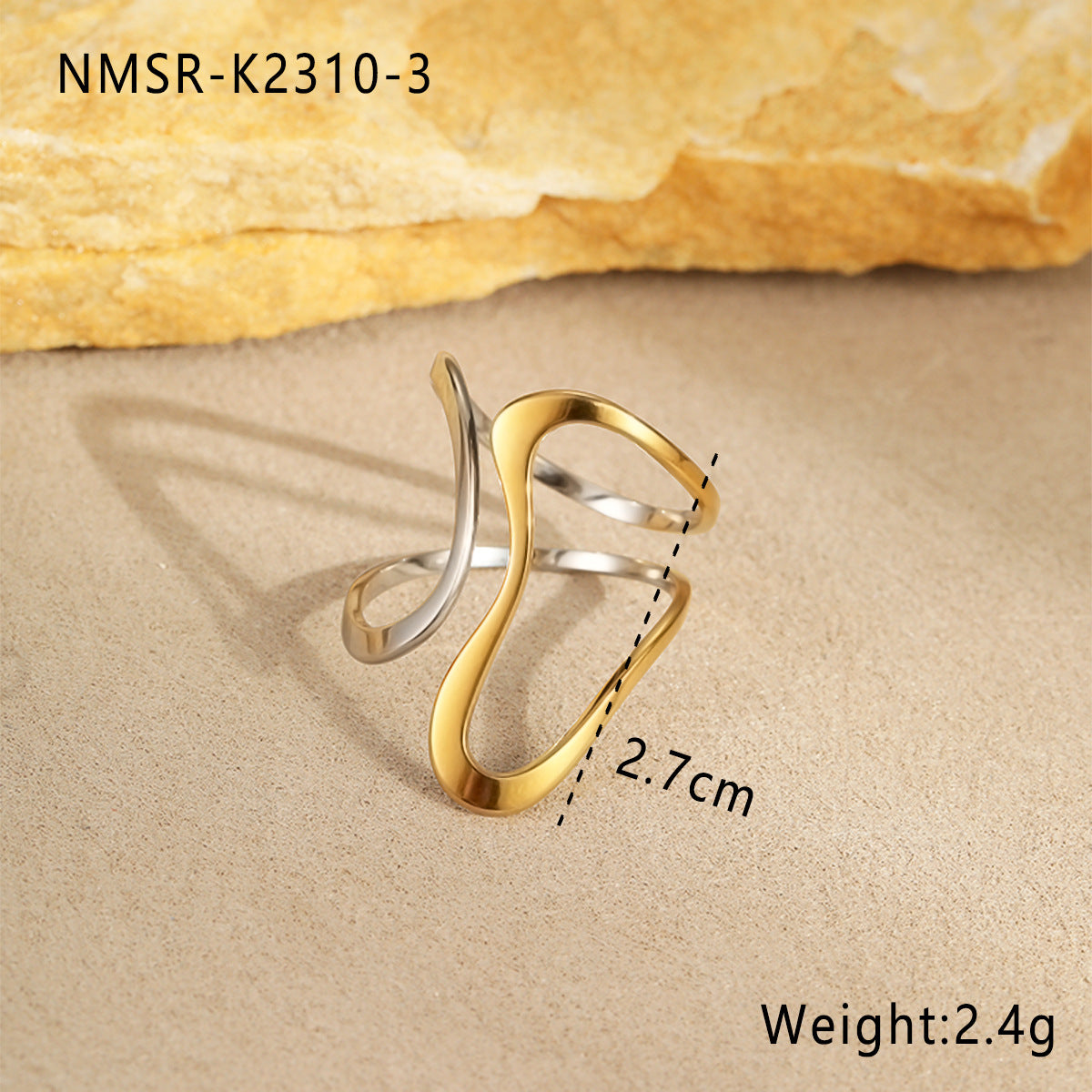 Anillo ajustable de acero inoxidable chapado para mujer con forma de onda minimalista