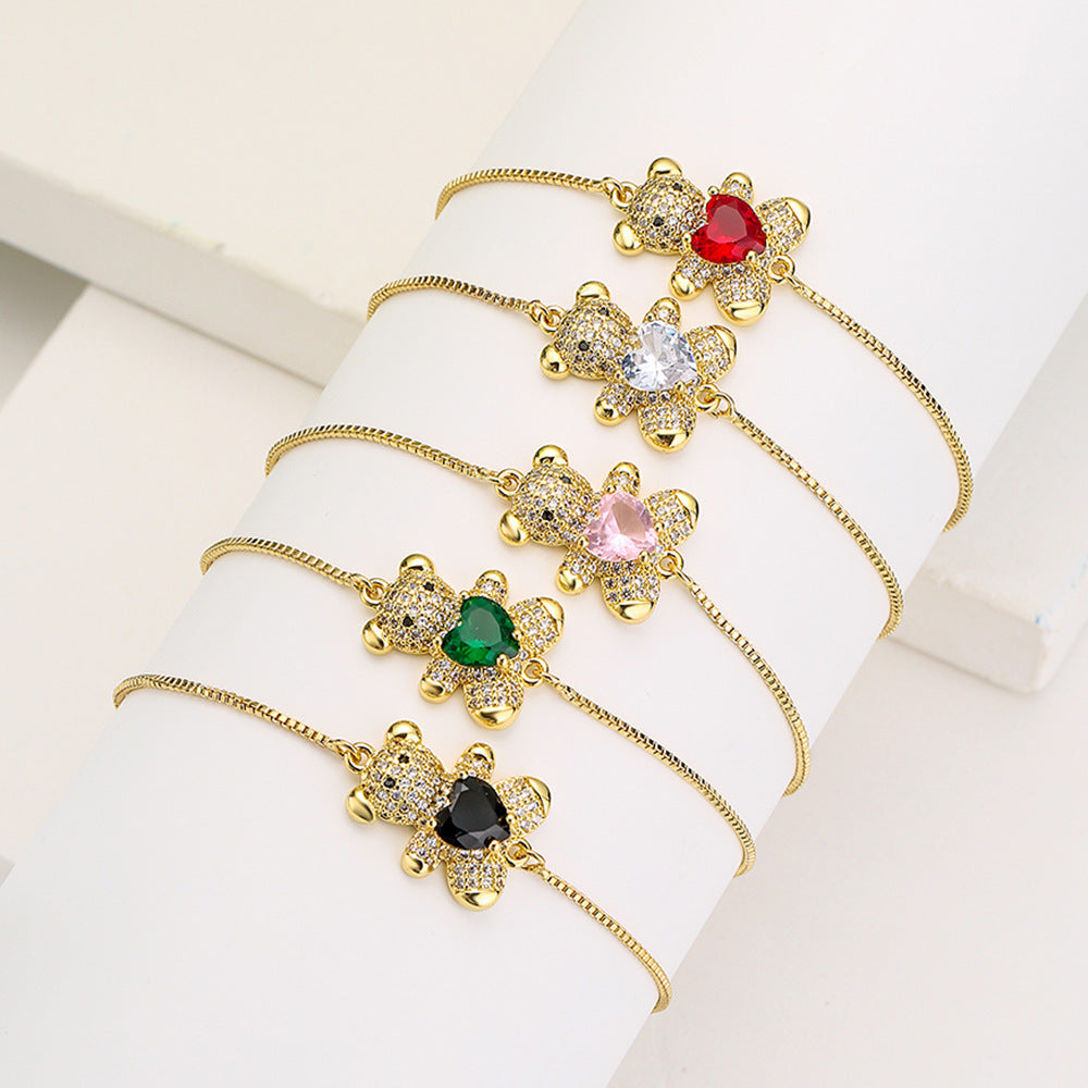 Cute Heart-Shaped Bear Adjustable Drawstring Bracelet for Women in Copper with Zircon Inlay