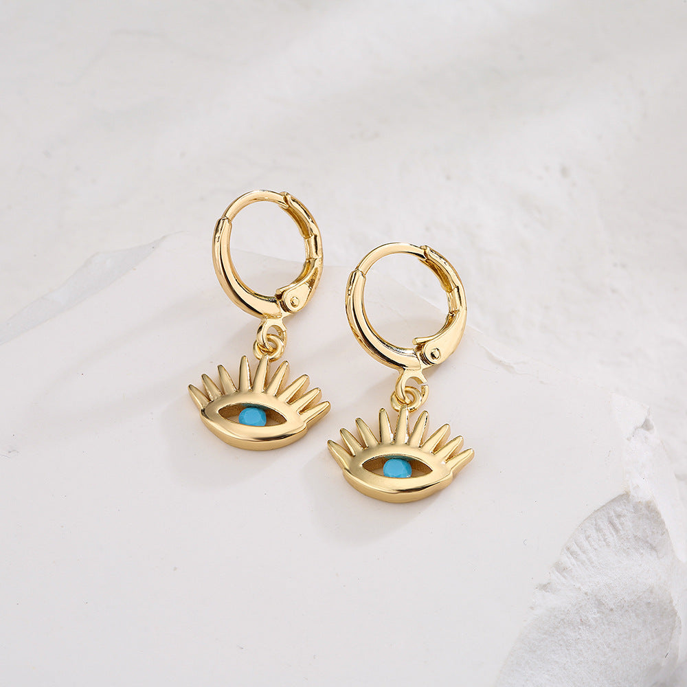 Minimalist Geometric Evil Eye Stud Earrings in Copper with Real Gold Plating and Zircon Inlay