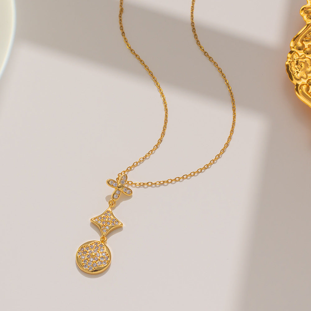 Minimalist Floral Three-Flower Titanium Steel Necklace for Women with Micro-Pavé Zirconia and Polished Ball Chain