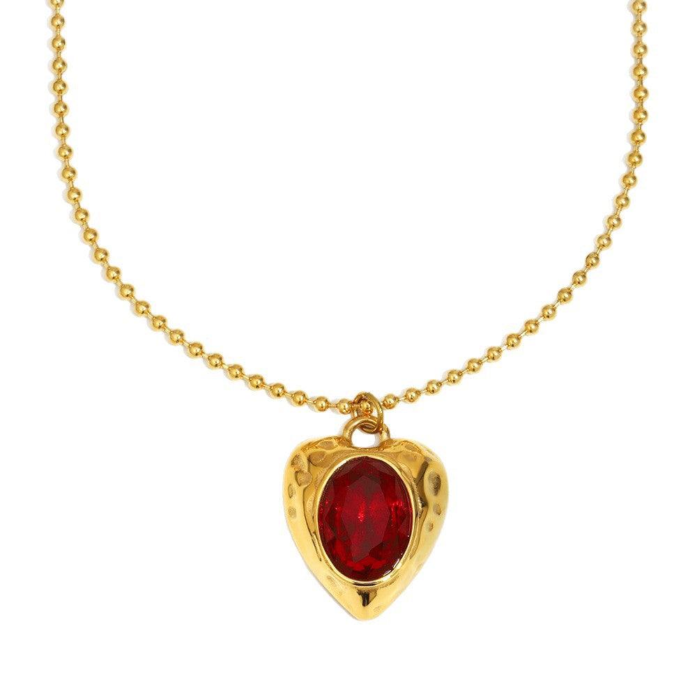 Luxury Vintage French-Style Stainless Steel 18K Gold Plated Ruby Heart Pendant Necklace with Beaded Chain