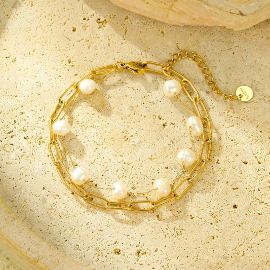 Pulsera de acero inoxidable para mujer, doble capa de acero titanio, dulce, minimalista, adornada con perlas