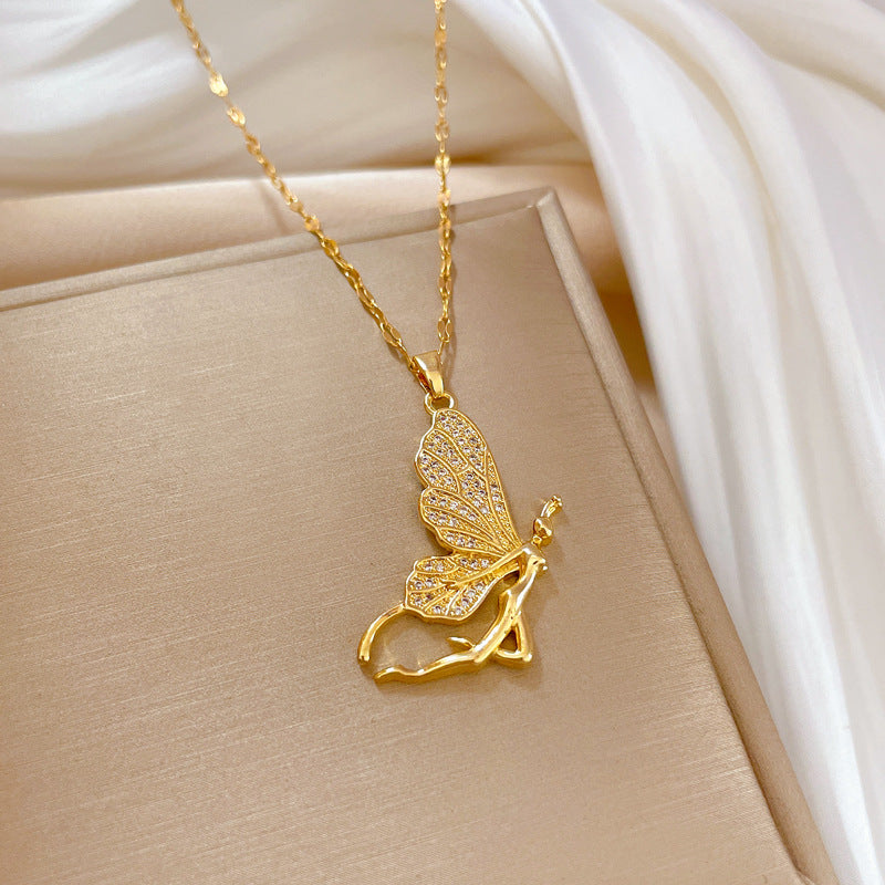 Collana da donna a farfalla in acciaio al titanio con finitura placcata, ciondolo geometrico, elegante catena per clavicola per feste di matrimonio e occasioni formali