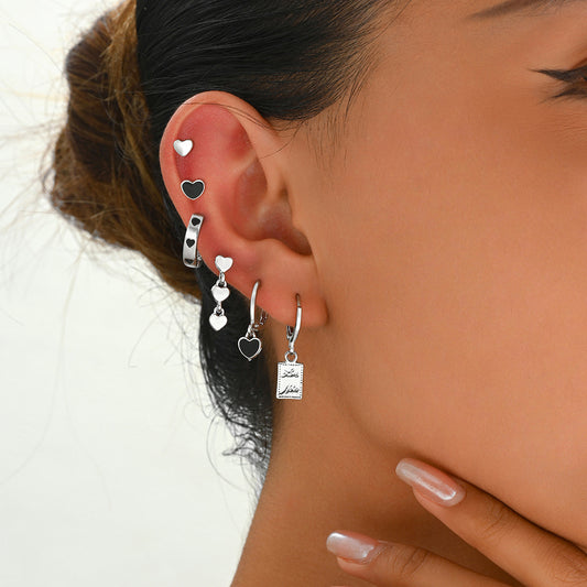 Pendientes de esmalte con forma de corazón para mujer, estilo académico minimalista negro, con postes de acero inoxidable