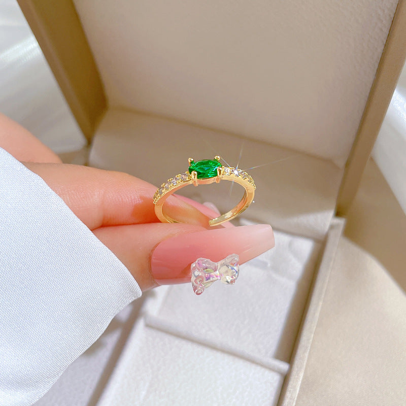 Anello da donna regolabile con zircone verde, design a corona, placcato in ottone, stile Kawaii fresco e dolce