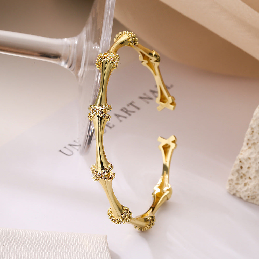 Minimalist Bamboo-Shaped Open Bangle for Women Made of Brass with Real Gold Plating and Micro-Paved Zirconia