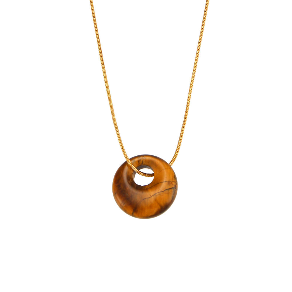 Minimalist Geometric Round Natural Stone Pendant Necklace in Stainless Steel with Plating Finish for Women